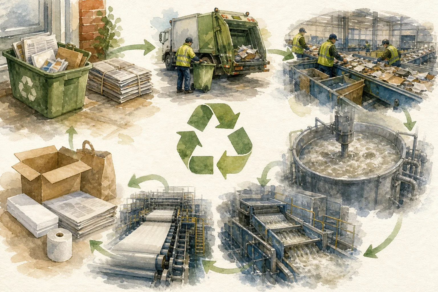 Recycling process from paper collection bins to factory sorting and processing machinery with workers