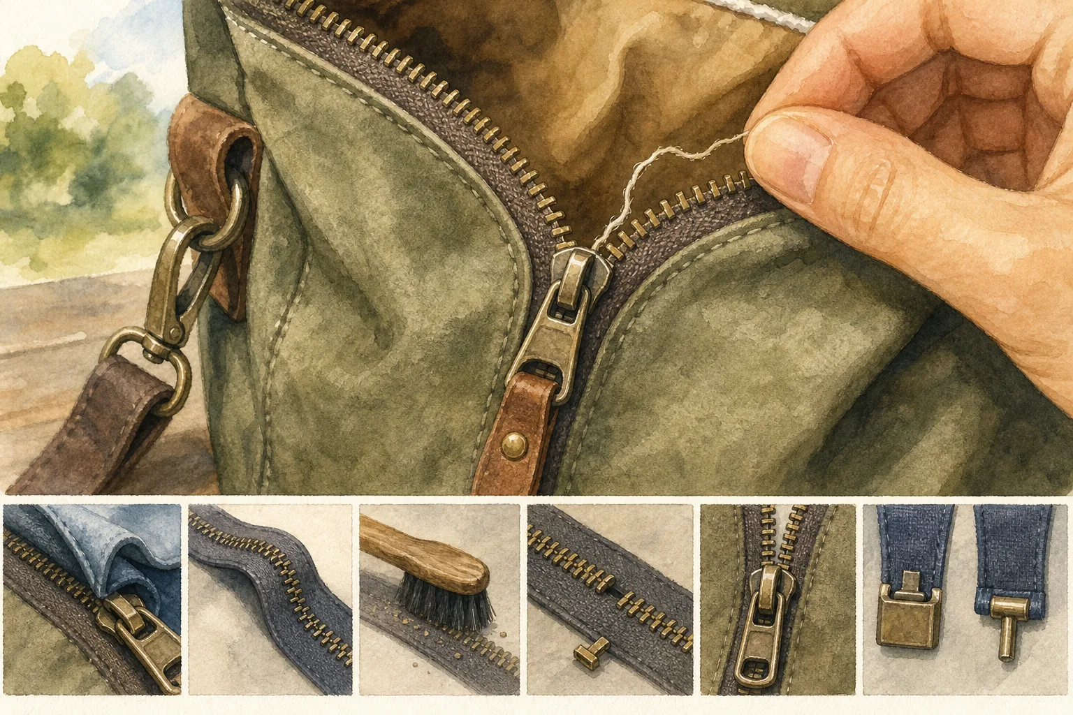 Hand pulling thread near a partially closed zipper on green fabric with smaller images showing zipper parts and cleaning tools