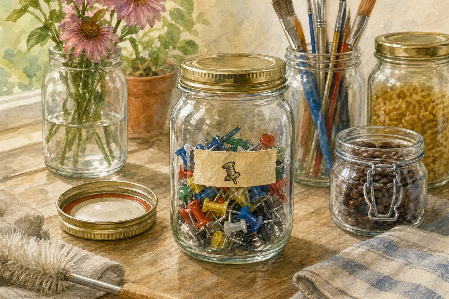 Clear glass jars on wooden table holding push pins, paintbrushes, flowers, pasta, and coffee beans