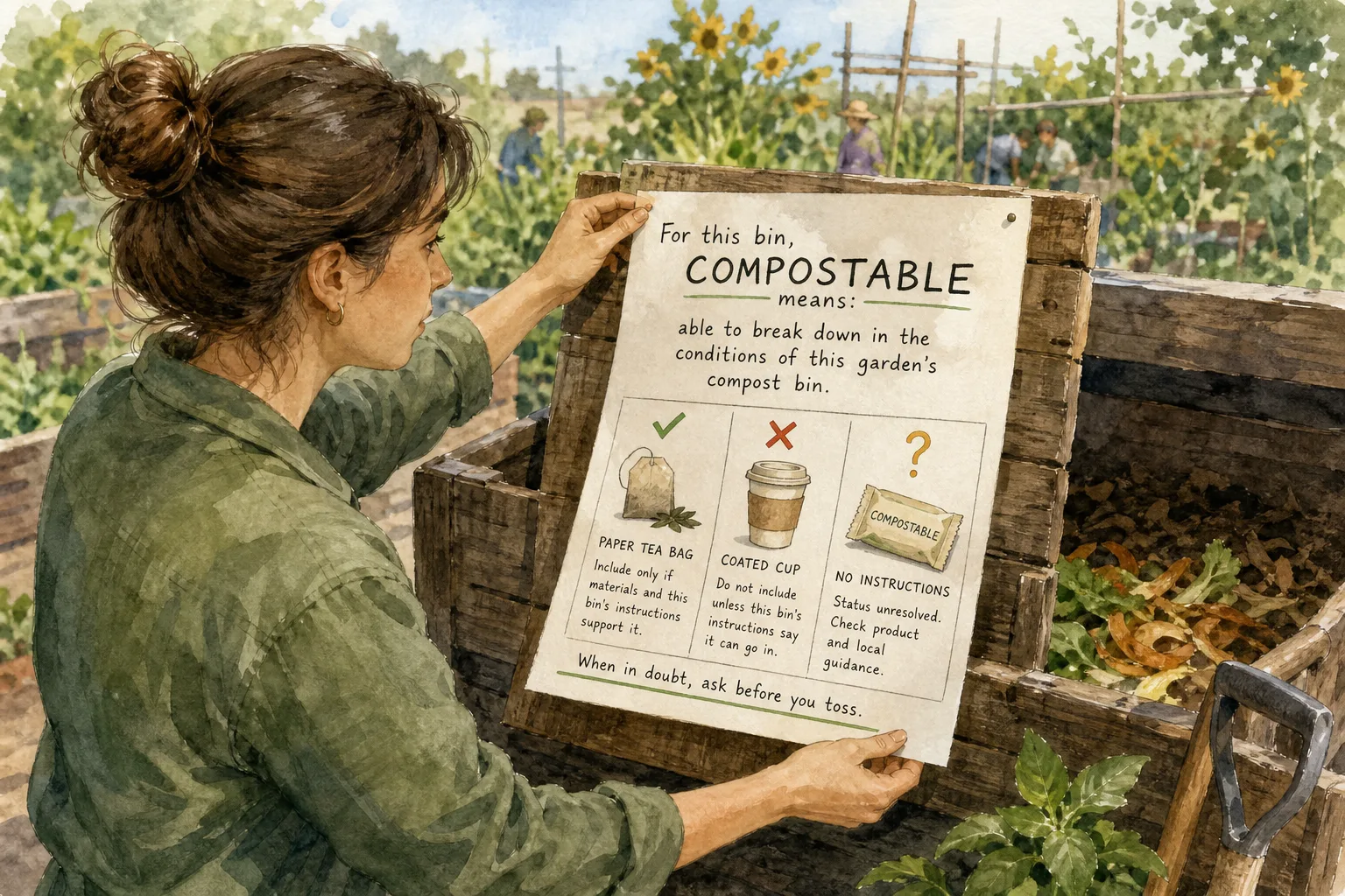 Woman in green shirt holding compostable bin instructions in a garden with plants and a compost bin