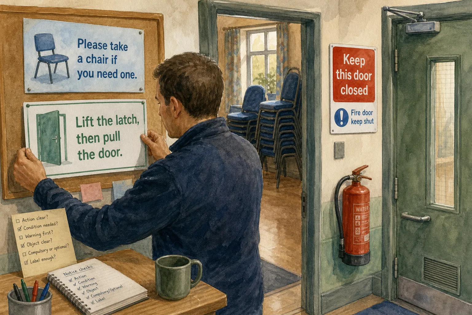Man hanging instructional signs on a notice board near a green door with fire extinguisher and stacked chairs in room